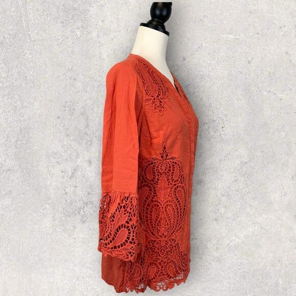 Chico’s Orange Button Up Shirt Lace Accent Bell Sleeve Size 0 US Size 4/6 - Picture 7 of 13